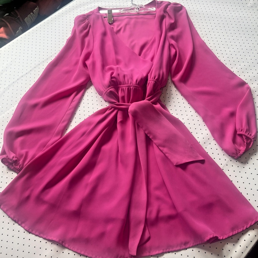 Mi Ami Fuchsia Pink Wrap Dress Balloon Sleeve Tie Waist Mini Dress Medium